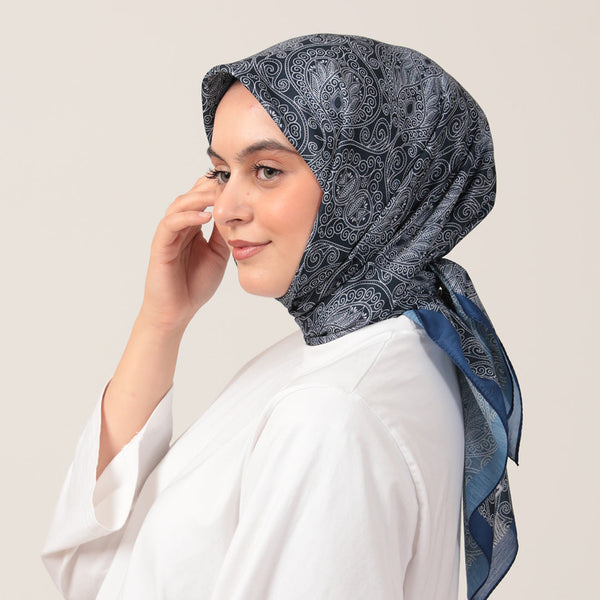 Pamuk İpek Eşarp - Mandala Desen - Lacivert