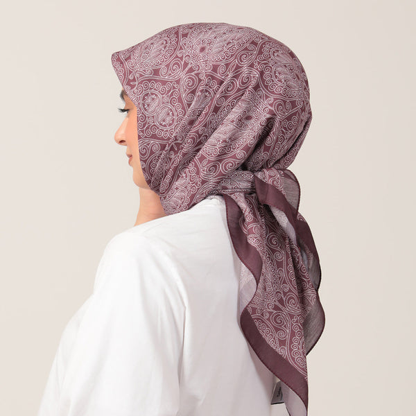 Pamuk İpek Eşarp - Mandala Desen - Mürdüm