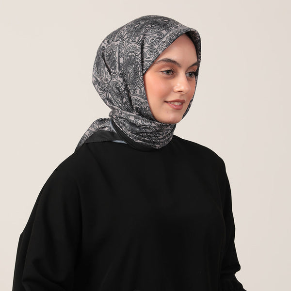 Pamuk İpek Eşarp - Mandala Desen - Siyah Vizon