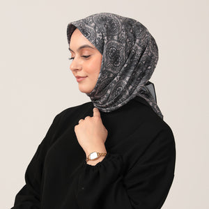 Pamuk İpek Eşarp - Mandala Desen - Siyah Vizon