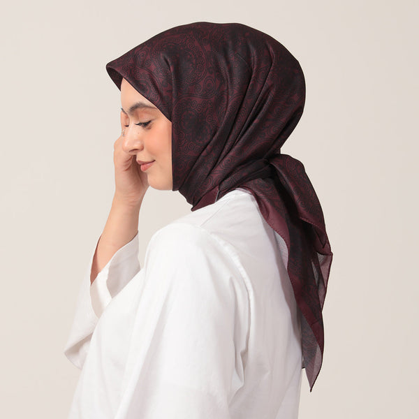 Pamuk İpek Eşarp - Mandala Desen - Vişne