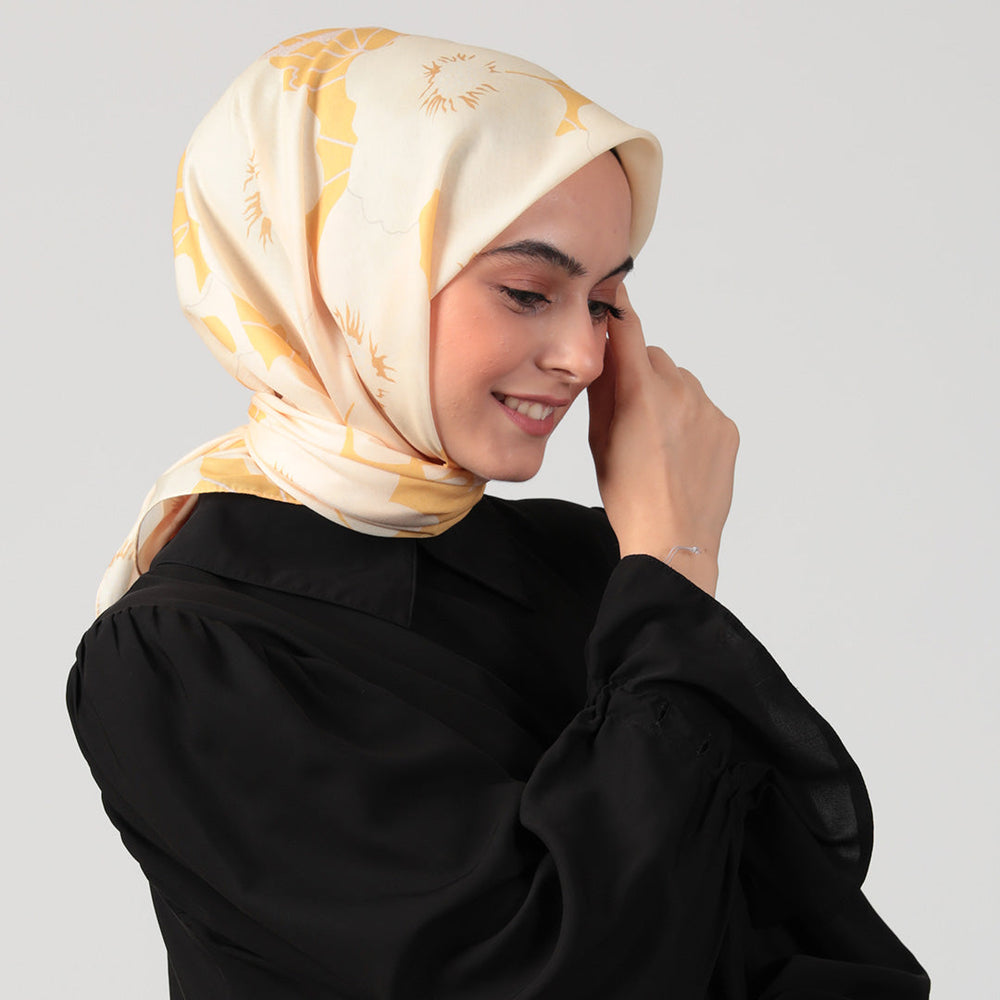 Pamuk İpek Eşarp - Manolya Desen - Koyu Sarı