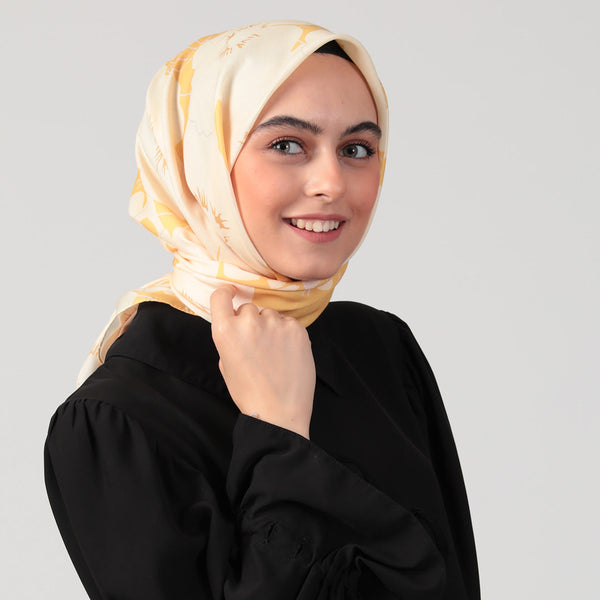 Pamuk İpek Eşarp - Manolya Desen - Koyu Sarı