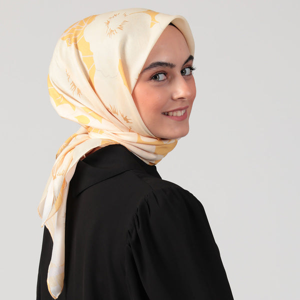 Pamuk İpek Eşarp - Manolya Desen - Koyu Sarı