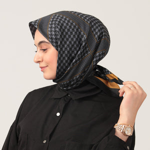 Pamuk İpek Eşarp - Minik Kazayağı Desen - Gold Siyah