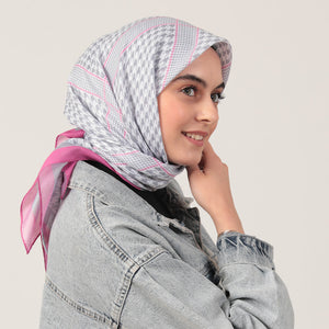 Pamuk İpek Eşarp - Minik Kazayağı Desen - Gri Fuşya