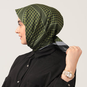 Pamuk İpek Eşarp - Minik Kazayağı Desen - Haki Yeşili