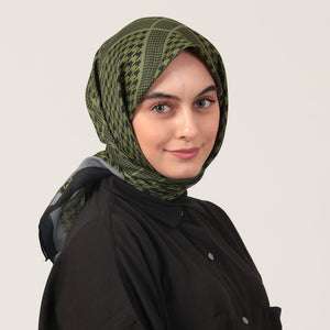 Pamuk İpek Eşarp - Minik Kazayağı Desen - Haki Yeşili