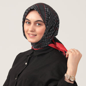 Pamuk İpek Eşarp - Minik Kazayağı Desen - Siyah Kırmızı