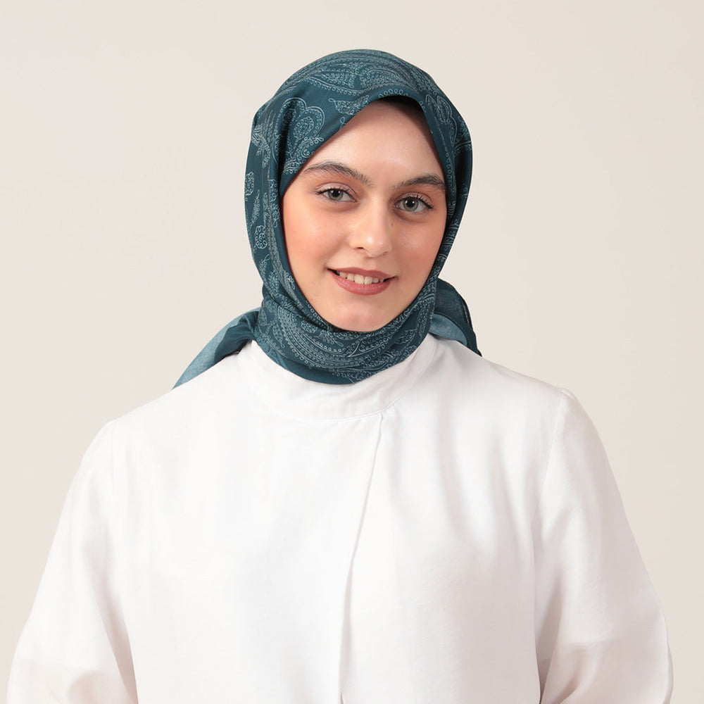 Pamuk İpek Eşarp - Mistik Desen - Petrol Yeşili