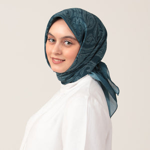 Pamuk İpek Eşarp - Mistik Desen - Petrol Yeşili