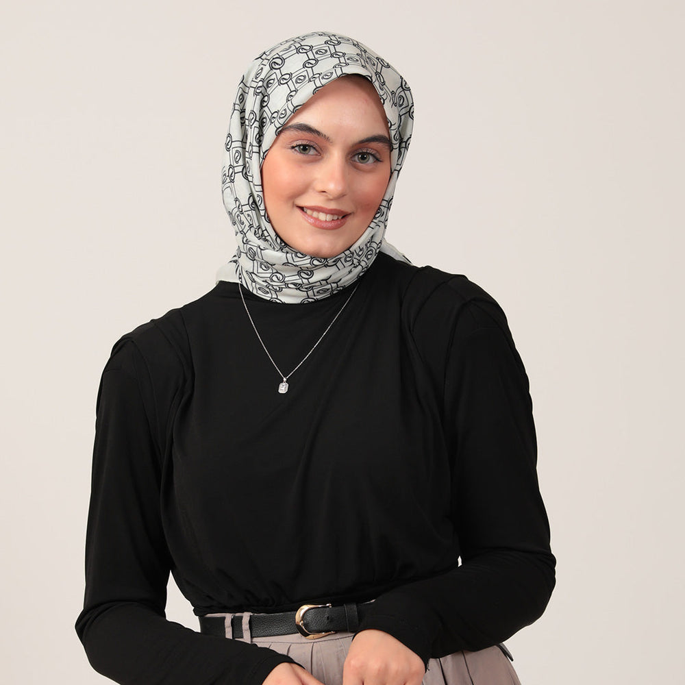 Pamuk İpek Eşarp - Monogram Desen - Ekru Siyah