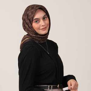 Pamuk İpek Eşarp - Monogram Desen - Kahve Gold