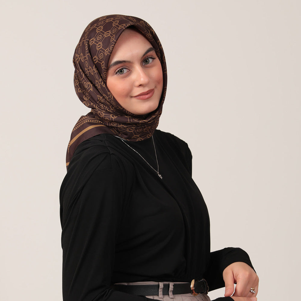 Pamuk İpek Eşarp - Monogram Desen - Kahve Gold