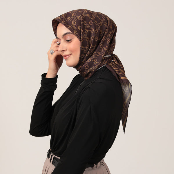 Pamuk İpek Eşarp - Monogram Desen - Kahve Gold