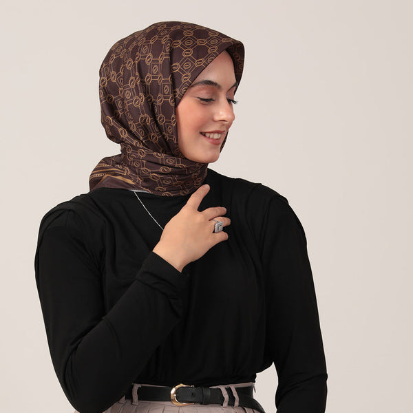 Pamuk İpek Eşarp - Monogram Desen - Kahve Gold