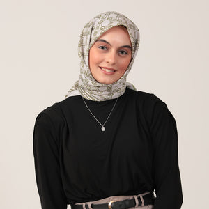 Pamuk İpek Eşarp - Monogram Desen - Krem Olive