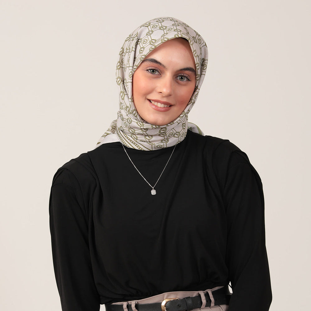 Pamuk İpek Eşarp - Monogram Desen - Krem Olive