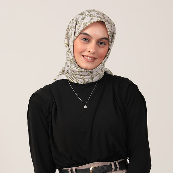 Pamuk İpek Eşarp - Monogram Desen - Krem Olive