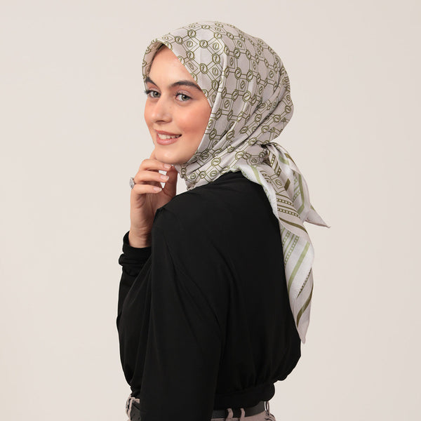 Pamuk İpek Eşarp - Monogram Desen - Krem Olive