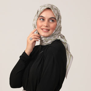 Pamuk İpek Eşarp - Monogram Desen - Krem Olive