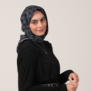 Pamuk İpek Eşarp - Monogram Desen - Lacivert Gri