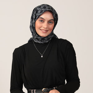 Pamuk İpek Eşarp - Monogram Desen - Lacivert Krem