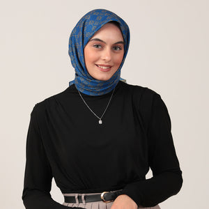 Pamuk İpek Eşarp - Monogram Desen - Okyanus Mavisi