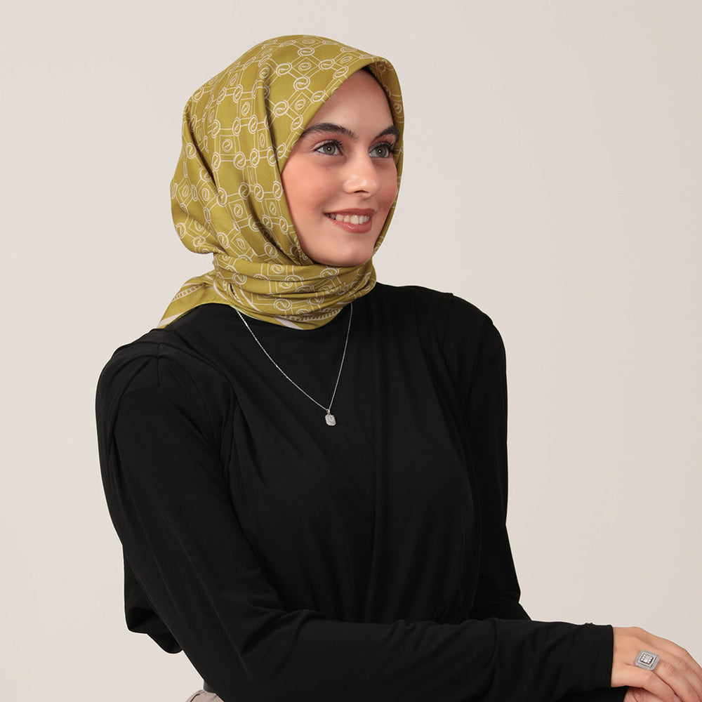 Pamuk İpek Eşarp - Monogram Desen - Olive