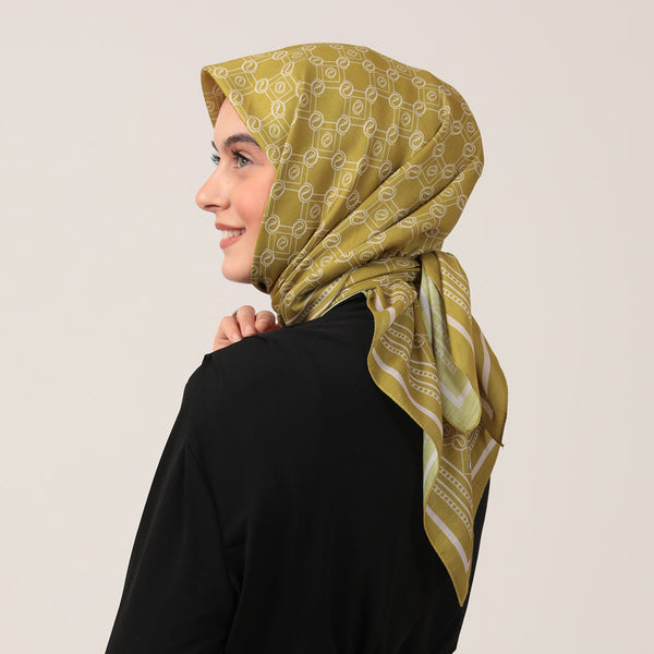 Pamuk İpek Eşarp - Monogram Desen - Olive