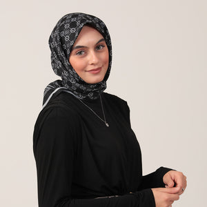 Pamuk İpek Eşarp - Monogram Desen - Siyah Beyaz