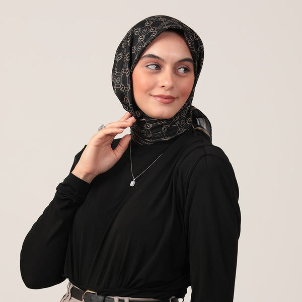 Pamuk İpek Eşarp - Monogram Desen - Siyah Gold