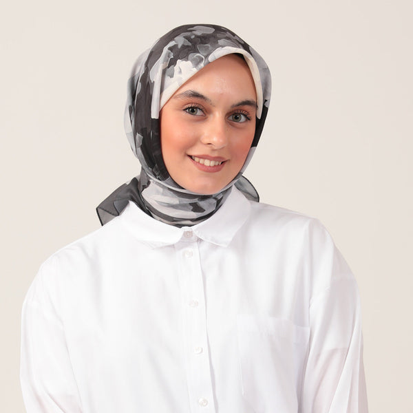 Pamuk İpek Eşarp - Rose Desen - Füme