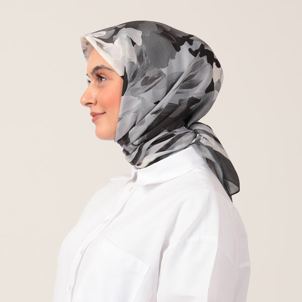 Pamuk İpek Eşarp - Rose Desen - Füme