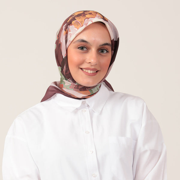 Pamuk İpek Eşarp - Rose Desen - Kahverengi