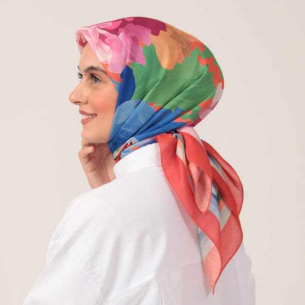 Pamuk İpek Eşarp - Rose Desen - Kiremit