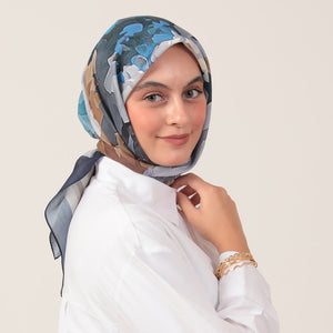 Pamuk İpek Eşarp - Rose Desen - Lacivert