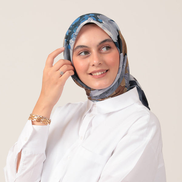 Pamuk İpek Eşarp - Rose Desen - Lacivert