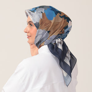 Pamuk İpek Eşarp - Rose Desen - Lacivert