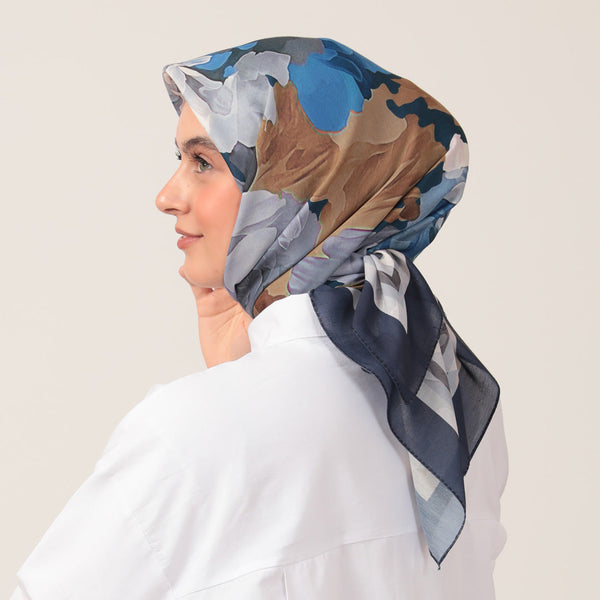 Pamuk İpek Eşarp - Rose Desen - Lacivert