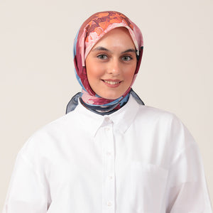 Pamuk İpek Eşarp - Rose Desen - Lacivert Pudra