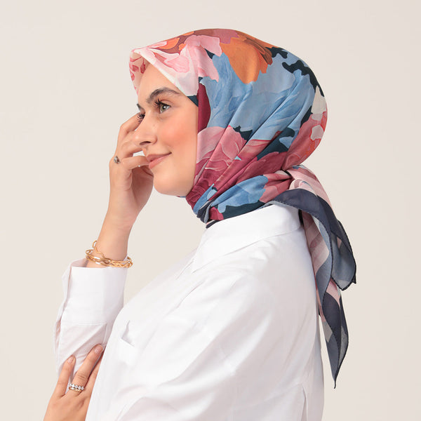 Pamuk İpek Eşarp - Rose Desen - Lacivert Pudra