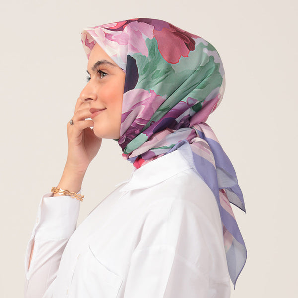 Pamuk İpek Eşarp - Rose Desen - Lila