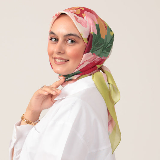 Pamuk İpek Eşarp - Rose Desen - Lime