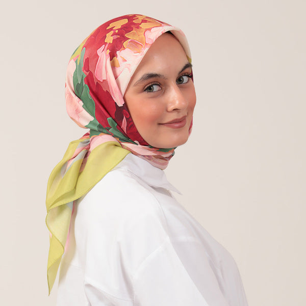 Pamuk İpek Eşarp - Rose Desen - Lime