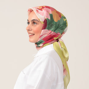 Pamuk İpek Eşarp - Rose Desen - Lime