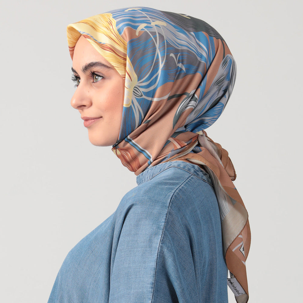 Pamuk İpek Eşarp - Tropik Desen - Camel