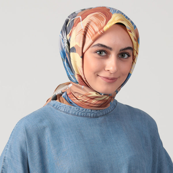 Pamuk İpek Eşarp - Tropik Desen - Camel