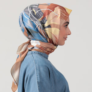 Pamuk İpek Eşarp - Tropik Desen - Camel