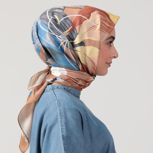 Pamuk İpek Eşarp - Tropik Desen - Camel